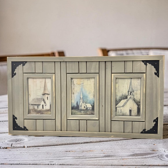 Other - Rustic Framed Old Country Church Wall Art Triptych Farmhouse Distressed Wood